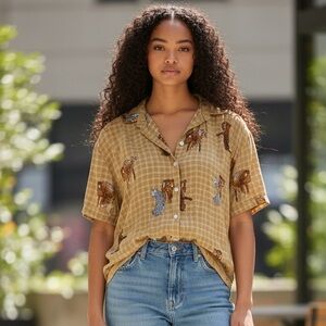 Jane Delancey Short Sleeve Button Up Tiger Shirt / Top